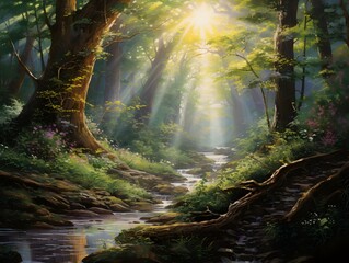 Beautiful forest with a stream and sunbeams in the background
