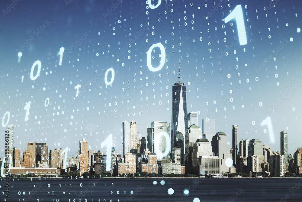 Leinwandbilder double exposure of abstract virtual binary code hologram on new york city skyscrapers background. da
