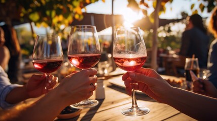 People clinking wine glasses on the summer terrace of a cafe or restaurant. Generative AI