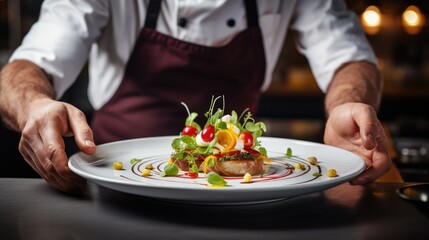 Obraz na płótnie Canvas Closeup of food stylish. Close-up on the hand of a waiter carrying food. Generative AI