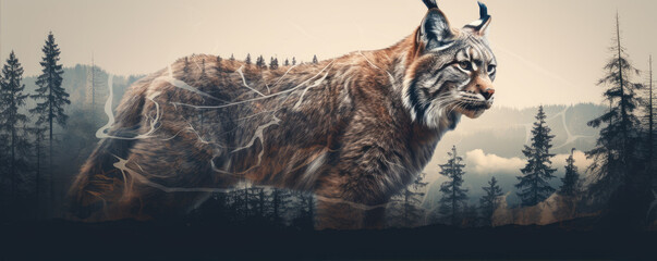 Majestic eurasian lynx design for t shirt print.  on white background. wide banner