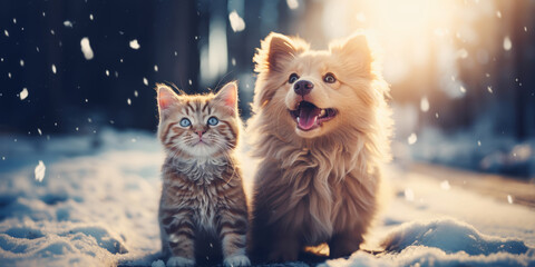 Puppy and kitten sitting on the snow outside.