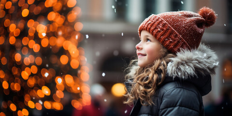 Holiday Magic: Girl's Profile by a Christmas Tree in a Snowy City - obrazy, fototapety, plakaty