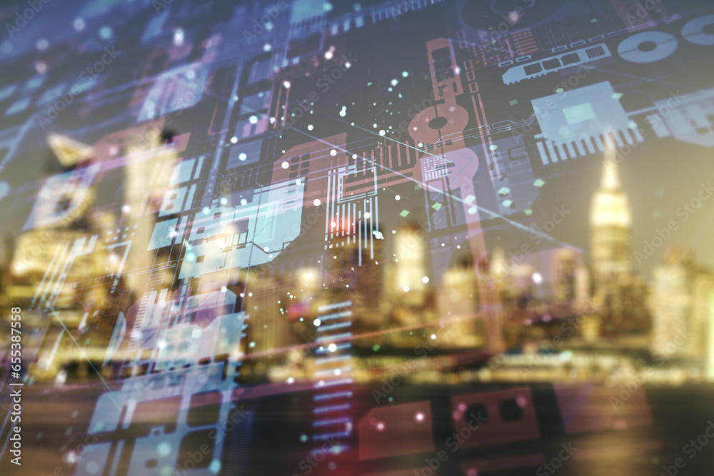 Poster multi exposure of abstract programming language hologram on blurry office buildings background, arti