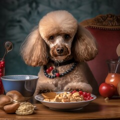 Poodle at a bowl of food. Cute dog indoors asking to eat at the table. The animal looks at the camera. Well-groomed dog