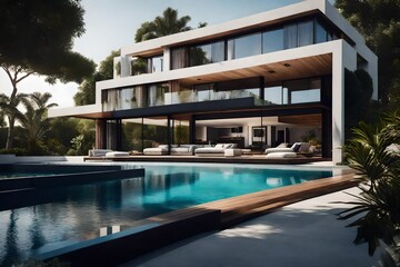 Obraz premium a modern and sleek villa with floor-to-ceiling glass windows, surrounded by lush gardens and a private infinity pool - AI Generative