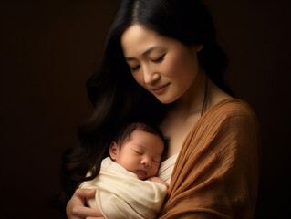 A new mother cradling her newborn, portrait photography, young Asian mom