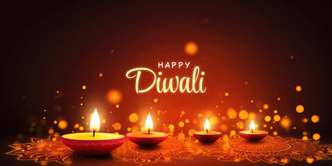 Three lit candles on a table with the words happy diwali. Imaginary illustration.