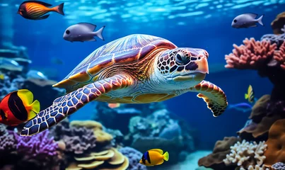 Wandcirkels plexiglas Submerged in Beauty: Turtle, Vivid Fish, and Colorful Coral in Ocean © Bartek