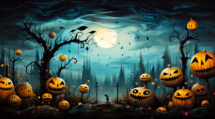 A halloween scene with pumpkins and bats. Fiction, made with AI.