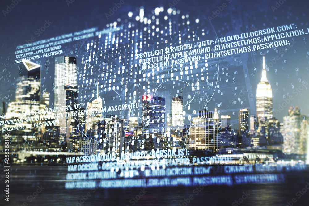 Poster abstract virtual creative code skull hologram on manhattan cityscape background, theft of personal d