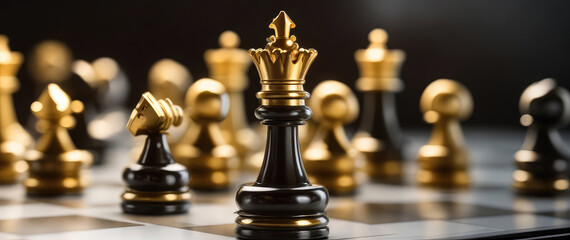 On a chess board game competition, the black king winner was surrounded by black gold chess pieces. concept of business success, leadership, and strategy.