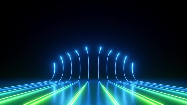 cycled 3d animation. Abstract animated background of green blue neon glowing lines move quickly along the curvy path