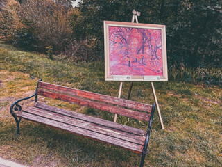 bench in the park in autumn - obrazy, fototapety, plakaty