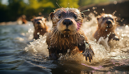 Cute puppy playing in water, enjoying summer with furry friends generated by AI