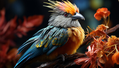 Macaw perching on branch, vibrant colors in tropical rainforest generated by AI