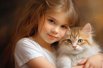 A little girl holding a cat in her arms. AI image.