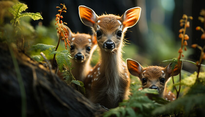 Cute young deer looking at camera in green forest meadow generated by AI