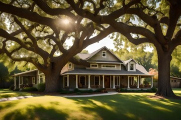 Fototapeta na wymiar A sprawling ranch-style house, flanked by a magnificent oak tree that has stood the test of time - AI Generative