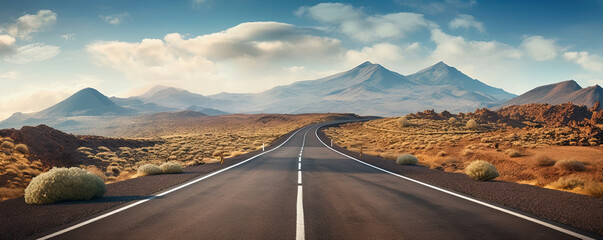 A long road leading towards to hight mountains. Journey concept, copy space for text.