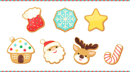 Christmas sugar cookies vector illustration set. Cute cartoon gingerbread cookie icons. Biscuit shape Santa Claus face, reindeer head, snowflake cookie, star shape bisquit. Winter design elements.