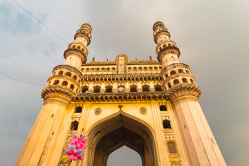 Low angle view of iconic Charminar, Old City Hyderabad, India