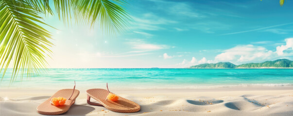 Fototapeta premium Summer holiday bacground with flip flops on sunny beach and green plams, copy space for text.