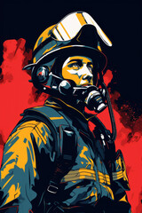 A fireman wearing a gas mask and goggles. Imaginary illustration.