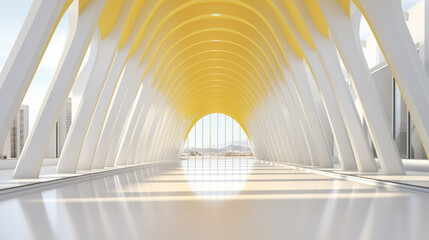 futuristic white and yellow tunnel arch-shaped, view of the sky at the end of the hall, empty original subway design, bright and clean interior background