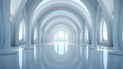 Fotobehang white interior of the hall of the palace with glossy floor with a reflection of the room, grand hall with numerous towering columns and arch, new gothic ambiance, futuristic white cathedral  © kiddsgn