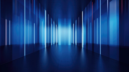 mysterious hallway illuminated by a striking blue light, abstract blue background with lines, magical atmospheric 