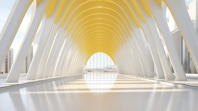 Fototapeta futuristic white and yellow tunnel arch-shaped, view of the sky at the end of the hall, empty original subway design, bright and clean interior background