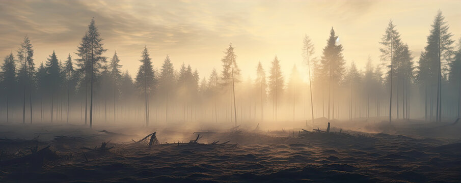 forest with trees covered in misty fog. © Michal