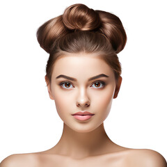 Portrait of a beautiful young woman with brown hair, bun hairstyle isolated on white background, clipart. Png with transparent background, cutout. 