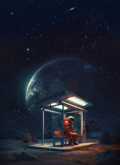 Interstellar traveller awaiting a bus under unfamiliar night sky of alien planet, sci-fi concept