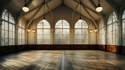 empty vintage party room with large windows and wooden floors