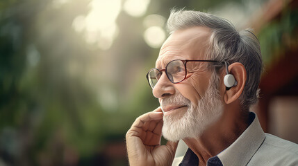 Portrait of Old Man with modern hearing aid in ear, side view, copy space.