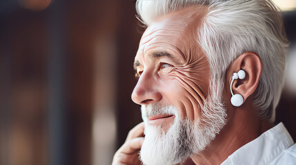 Portrait of Old Man with modern hearing aid in ear, side view, copy space.