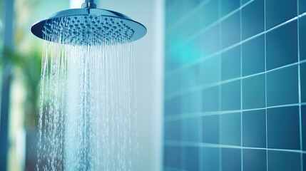 Water saving bathroom fixtures concept, close-up of shower head with clean water streaming out, drops and splashes.