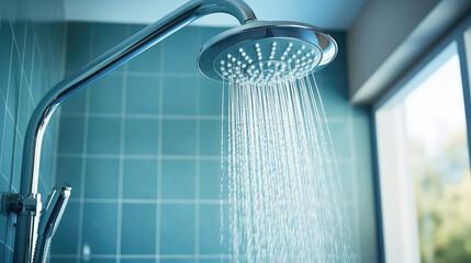 Water saving bathroom fixtures concept, close-up of shower head with clean water streaming out, drops and splashes. - obrazy, fototapety, plakaty