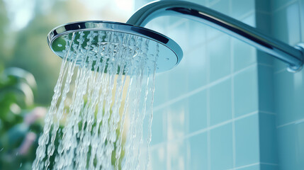 Water saving bathroom fixtures concept, close-up of shower head with clean water streaming out, drops and splashes.