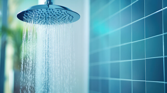 Water saving bathroom fixtures concept, close-up of shower head with clean water streaming out, drops and splashes.