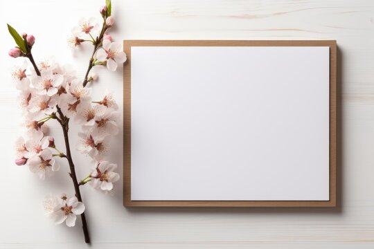 A picture frame and some flowers on a table. Photorealistic AI. Floral frame mockup.