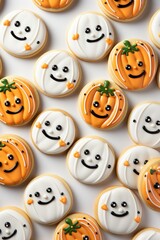 Fototapeta premium A table topped with lots of decorated cookies. Imaginary Halloween pumpkin sweets.
