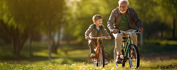 Happy grandfather teach cycling a child in park, wide banner - obrazy, fototapety, plakaty