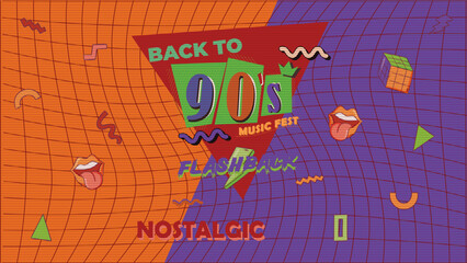 90s style poster. Aesthetic music fest background and old fashion graphic 90s style. Vintage vector nostalgia for the 90s.