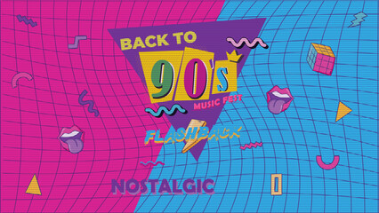 90s style poster. Aesthetic music fest background and old fashion graphic 90s style. Vintage vector nostalgia for the 90s.