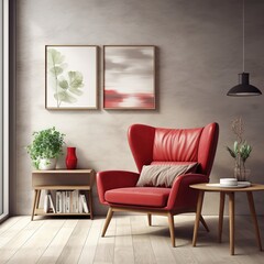 Modern living room with crimson armchair. Scandinavian interior design furniture. 3d render illustration