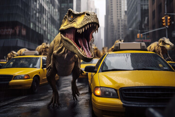 A t - rex in the middle of a busy city street. Imaginary illustration.