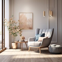 Modern living room with golden armchair. Scandinavian interior design furniture. 3d render illustration